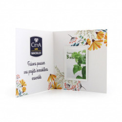 Carte publicitaire personnalisée 2 volets + sachet de graines, goodies original vert écologique, objet pub nature, flyer